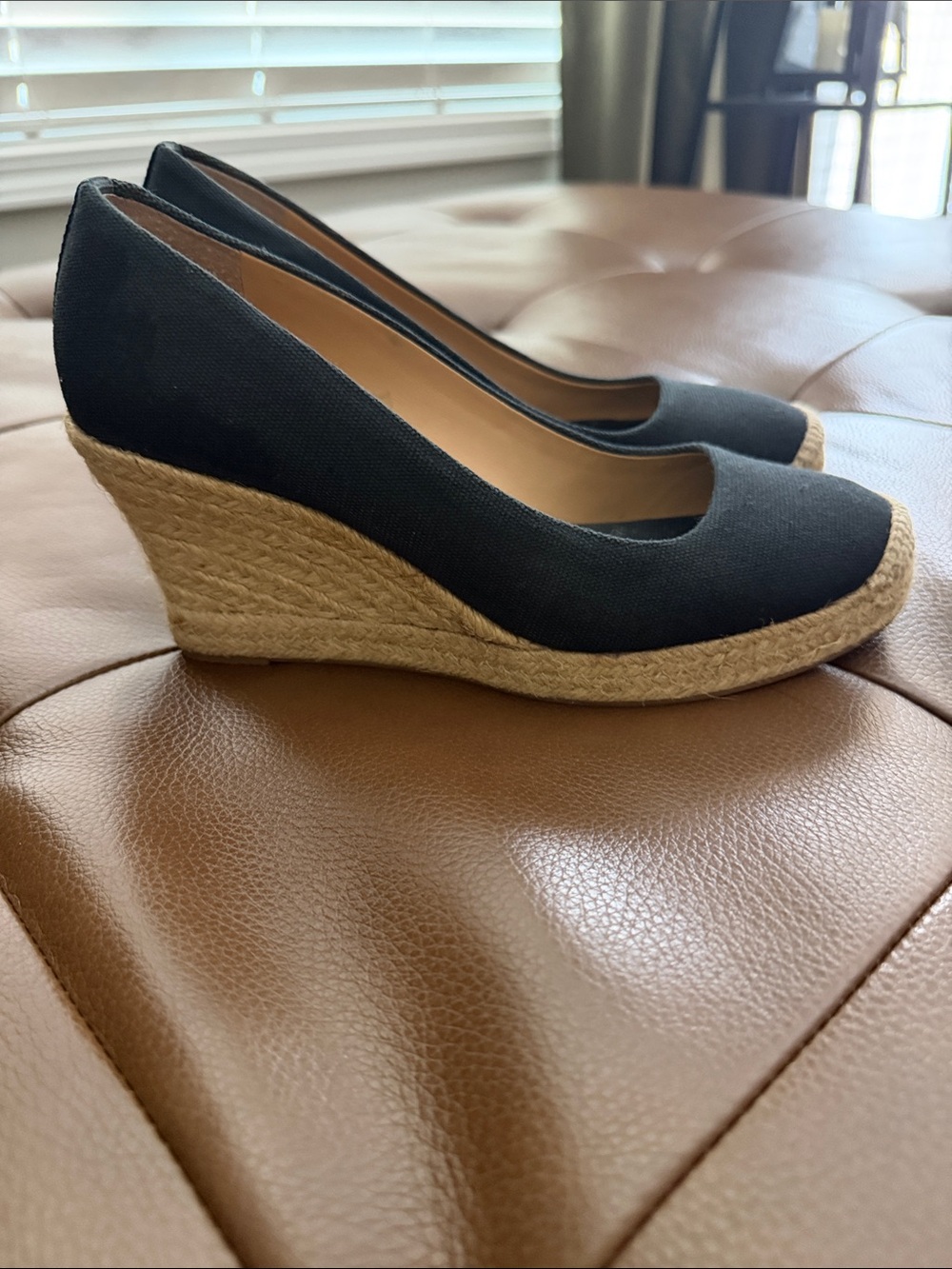J. Crew Black Canvas Espadrille Wedges with Natural Jute Platform